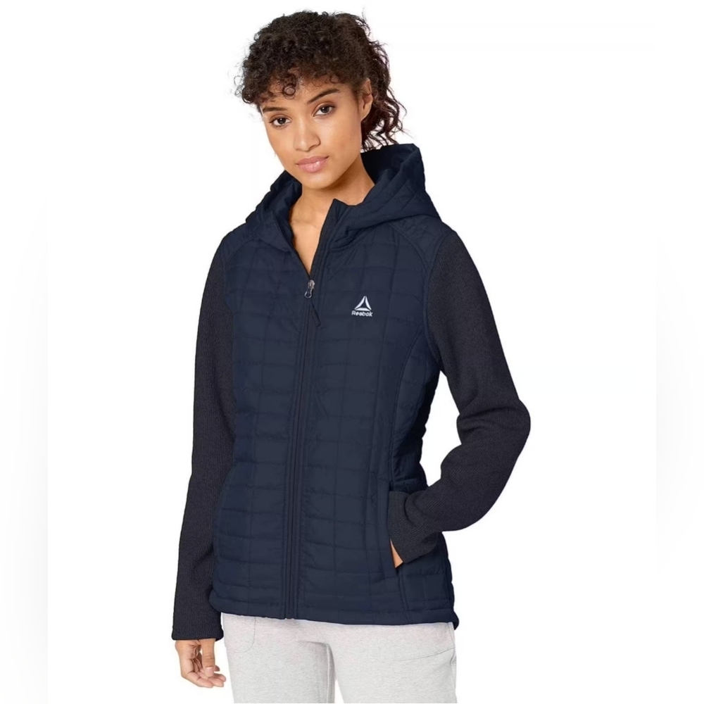 🆕️🏷 Reebok Poly Woven Quilted full zipped hooded Jacket - Navy Blue - Medium